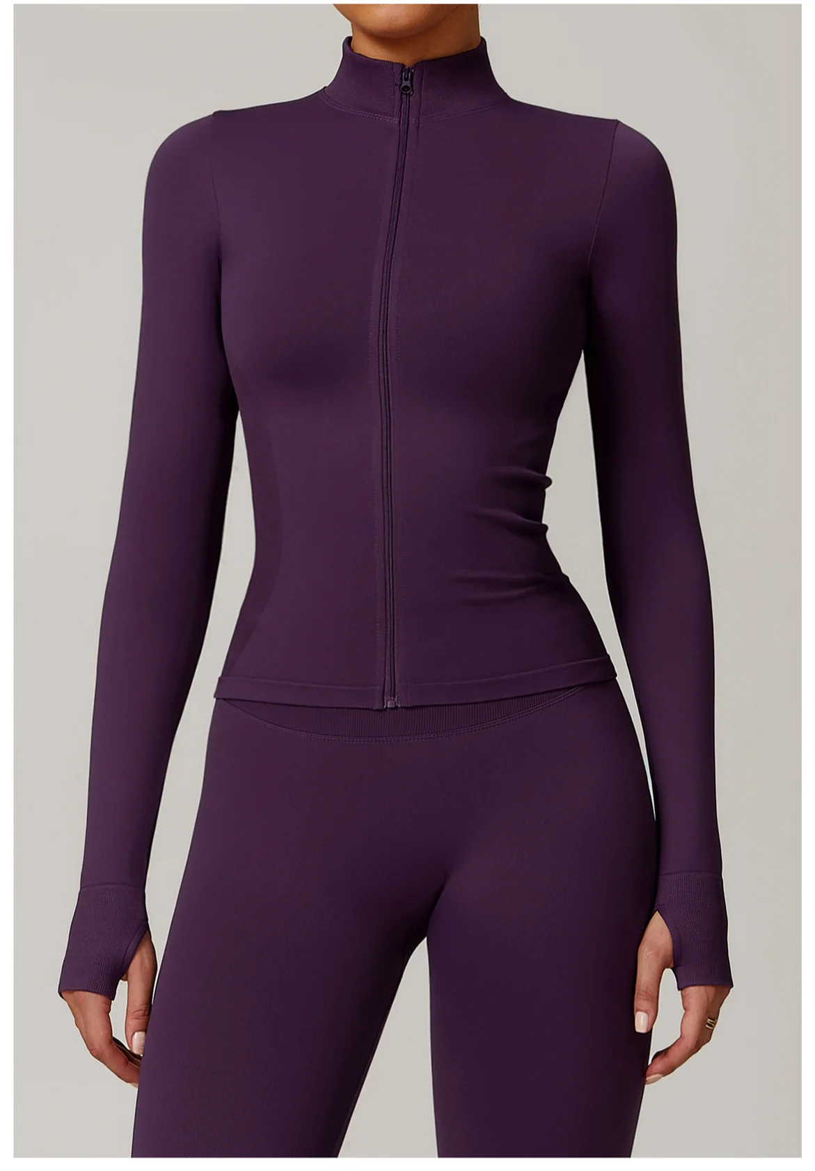 Women's Seamless Long Sleeve Yoga Top Ribbed High Neck Full Zip Slim Fit Sports Jacket Thumb Hole Workout Gym Running Activewear