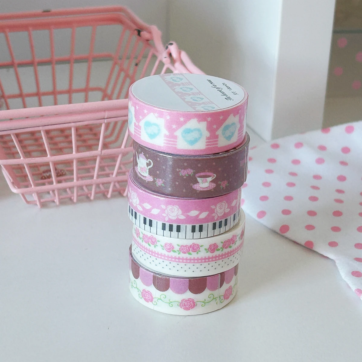 Vintage Pink Decorative Plastic Tape Rose Piano Tea Cup Cake Pattern 2m for Diary Junk Journal Gift Wrapping Collage DIY Decor