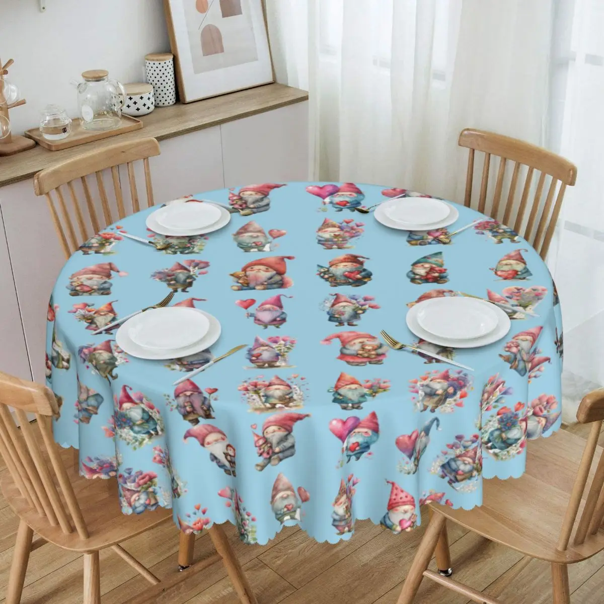 Custom Round Scandinavian Santa Gnomes Tablecloth Waterproof Oil-Proof Table Covers 60 inch Table Cloth