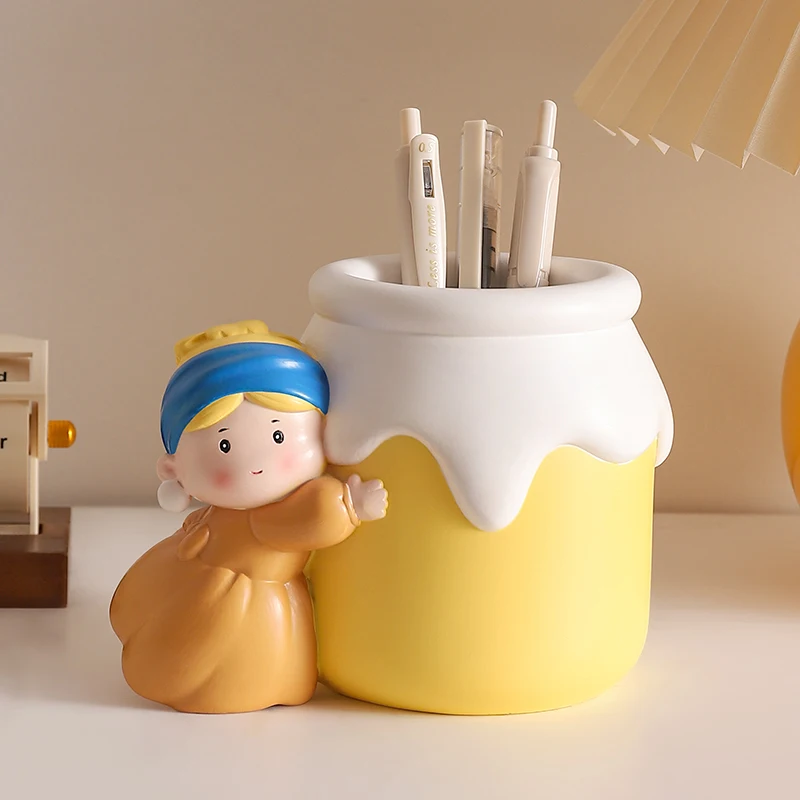 Cute Girl Resin Pen Holder Kawaii Desktop Pencil Organizer Creative Desk Storage Box Home Office Decor Gift