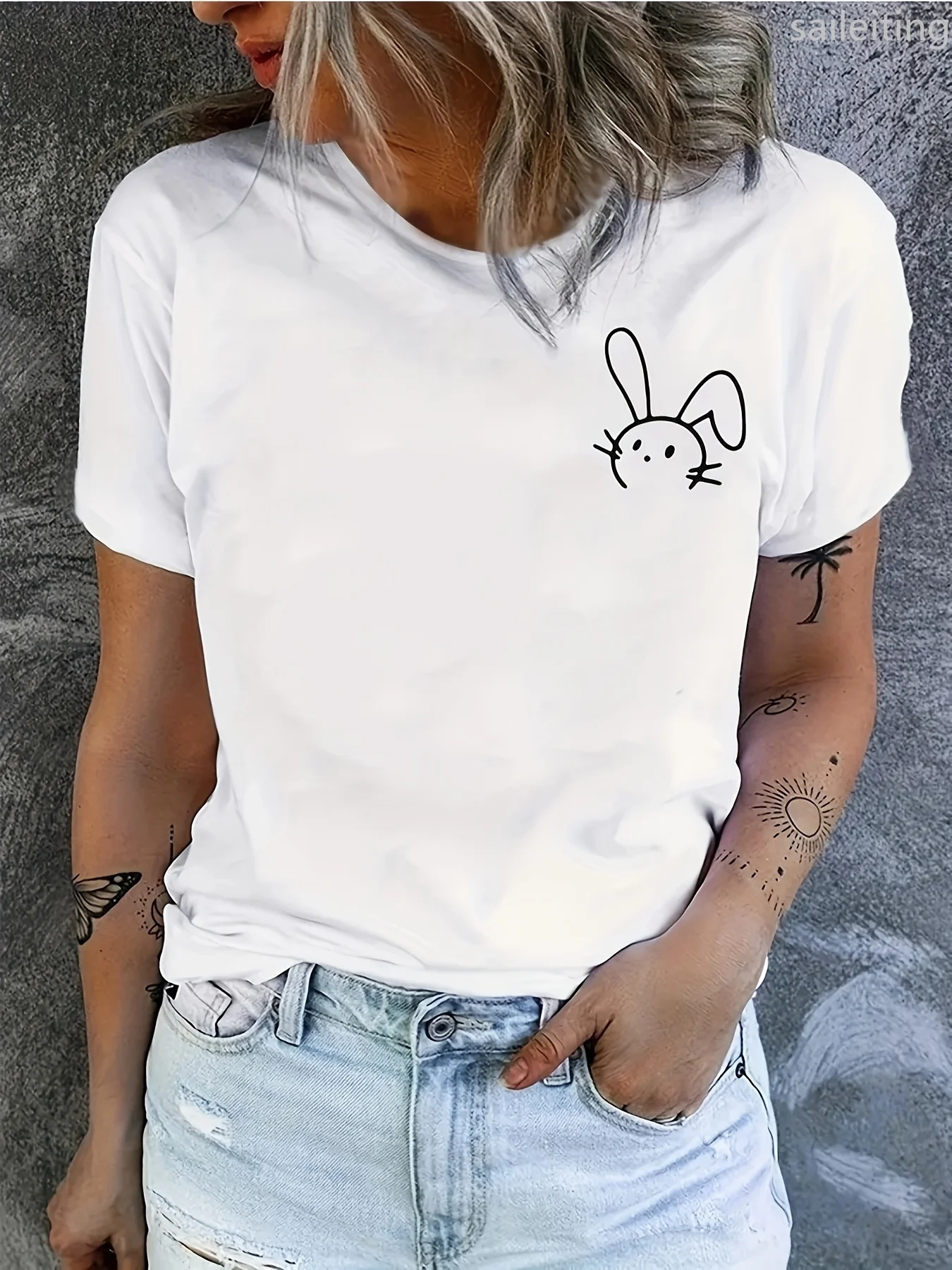 Damen Casual Kurzarm T-Shirt Weiß Geometrischer Druck Rundhals Sommer Top Damen Harajuku Kurzarm Casual