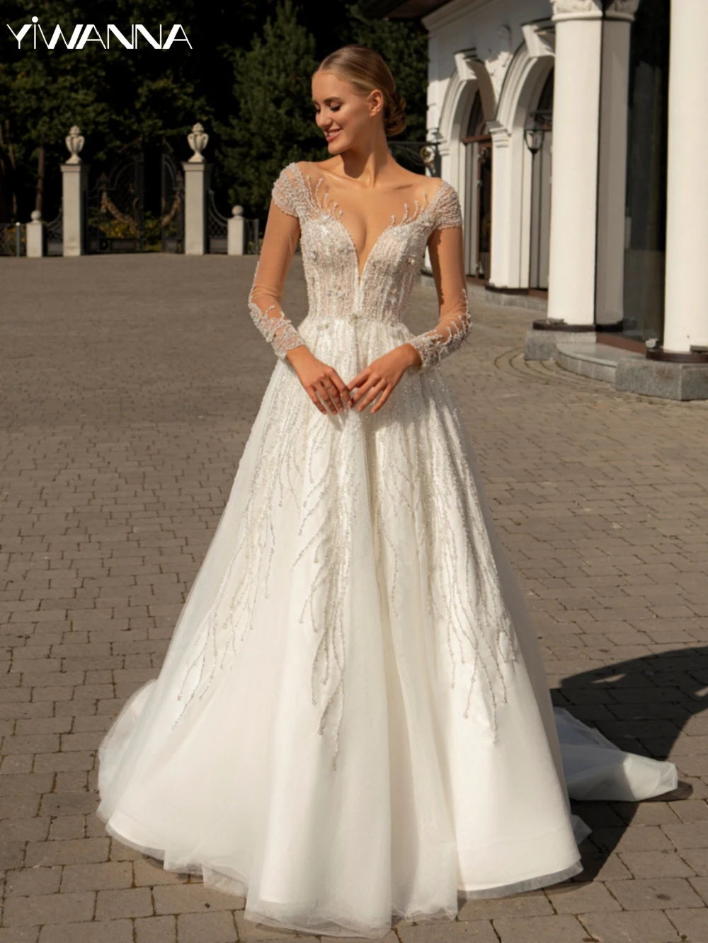 Klassisches O-Ausschnitt Langarm Brautkleid funkelnde Pailletten Perlen Braut Robe Vintage A-Linie lange Brautkleid Robe de Mariée