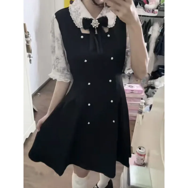 

Bow Y2K Dresses Japan Shawl Detachable Dual Use Splicing Lapel Home Subculture Dress 2 Piece Set Summer Cute Outfit Dresses New
