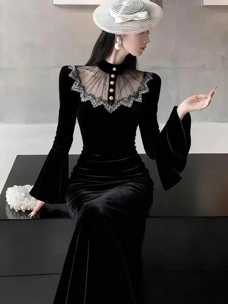 Frauen Schwarz Chic Lange Kleid Elegante Stehkragen Flare Hülse Slim Fit Kleider Herbst Winter Patchwork Taste Mode Vestidos