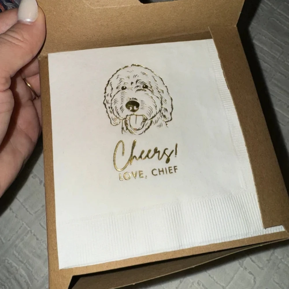 Personalized Illustrated Dog Wedding Cocktail Napkins, Custom Gold Foil Pet Napkins,Engagement Rehearsal Dinner, Birthday, 50Pcs