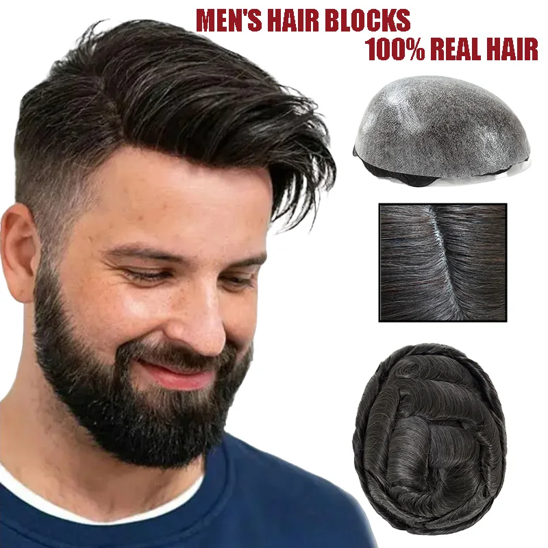 Thin Skin 0.12-0.14mm PU Men Toupee Full Thickness Skin Indian Human Hair Men's Capillary Prothesis 150% Density Male Wig