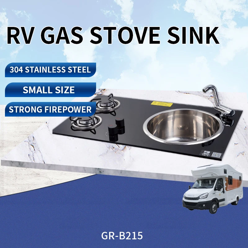 RV camper small apartment black glass countertop with sink integrated double-head stainless steel gas stove