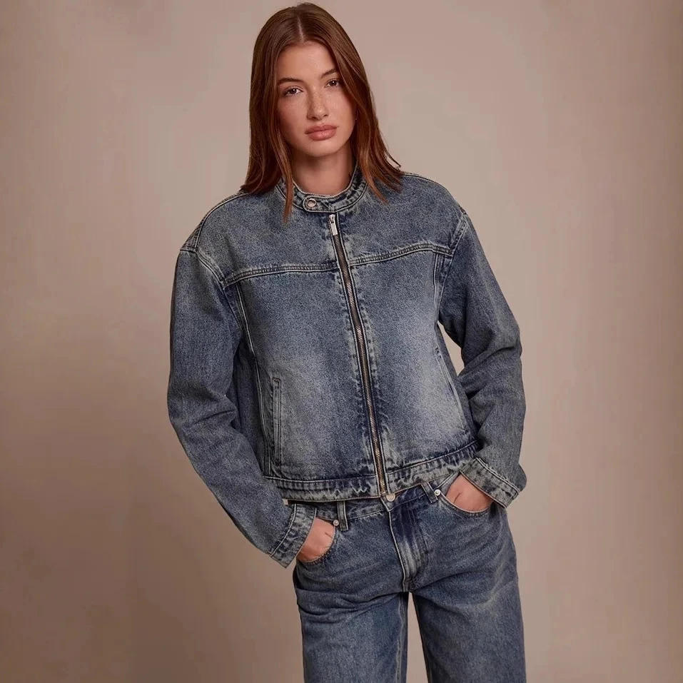

2026 Spring New Vintage Patchwork Check Cuff Short Denim Loose Casual Women Top Fashion Brown Blue