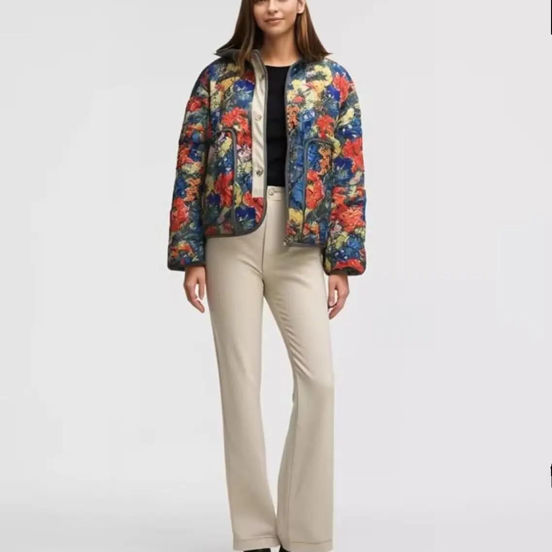 Fashionable Geometric Heart Embroidered Cotton Jacket Women's Outerwear Versatile Stylish Windproof Warm Polyester Fiber