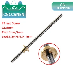 CNC 3D Printer T8 Lead Screw OD 8mm Lead 1/2/4/8/12/14mm Pitch 1/2mm Lenght 100mm 200mm 300mm 400mm 500mm 600mm with Brass Nut