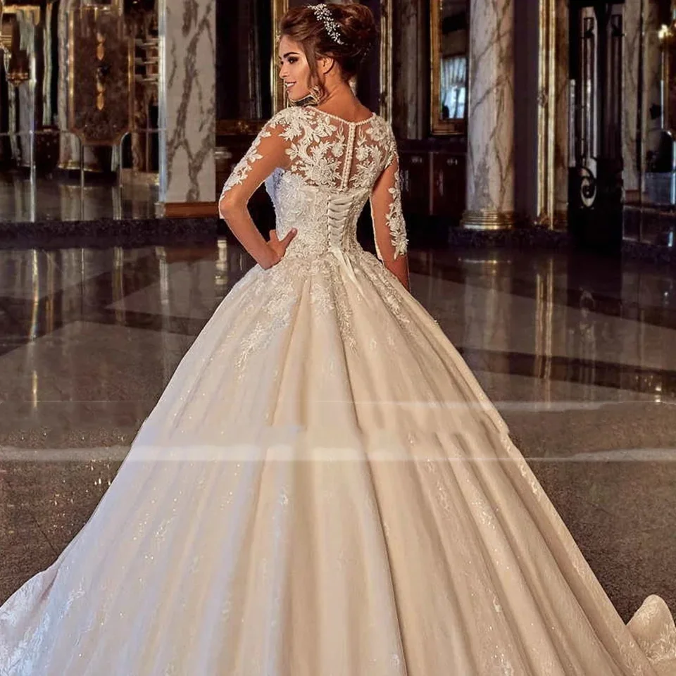 فساتين زفاف Flavinke مخصصة أنيقة عاجية نصف كم فساتين زفاف رقبة سكوب دانتيل زينة فساتين العروس Vestidos De Novia