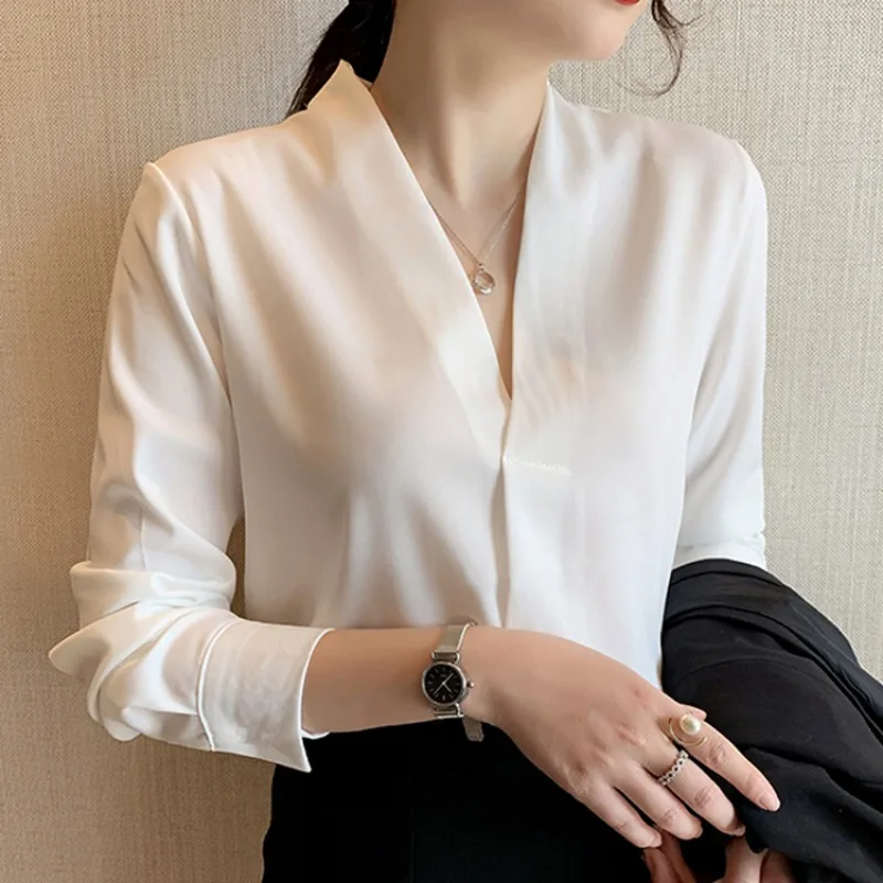 2024 Autumn Long Sleeve White Shirt Women Korean Style V-neck Loose Tops Summer Office Lady Solid Chiffon Blouse Female 9382