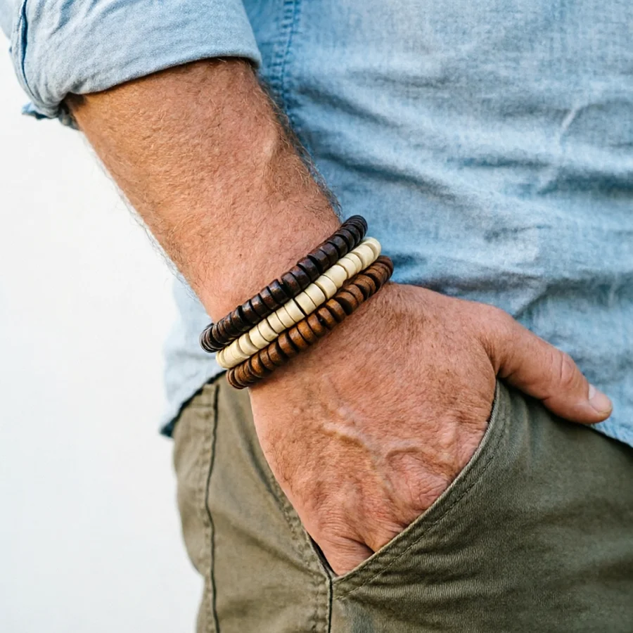 Noter Herren-Armband-Set, natürliche Kokosnussperlen, Perlenarmband, leicht, bequem, positive Energie, Meditation, Heilung, Armband