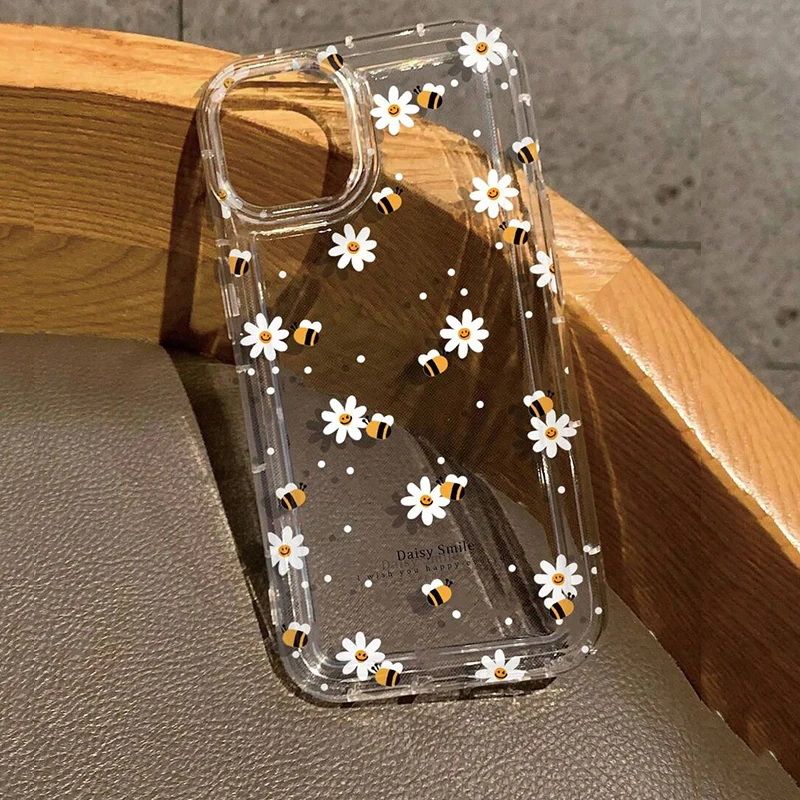 For iPhone 16 15 14 Plus 13 12 Pro Max Mini X XS XR 7 8 Plus SE2020 Cases Summer Floral Flowers Honey Bee Print Clear Case Cover