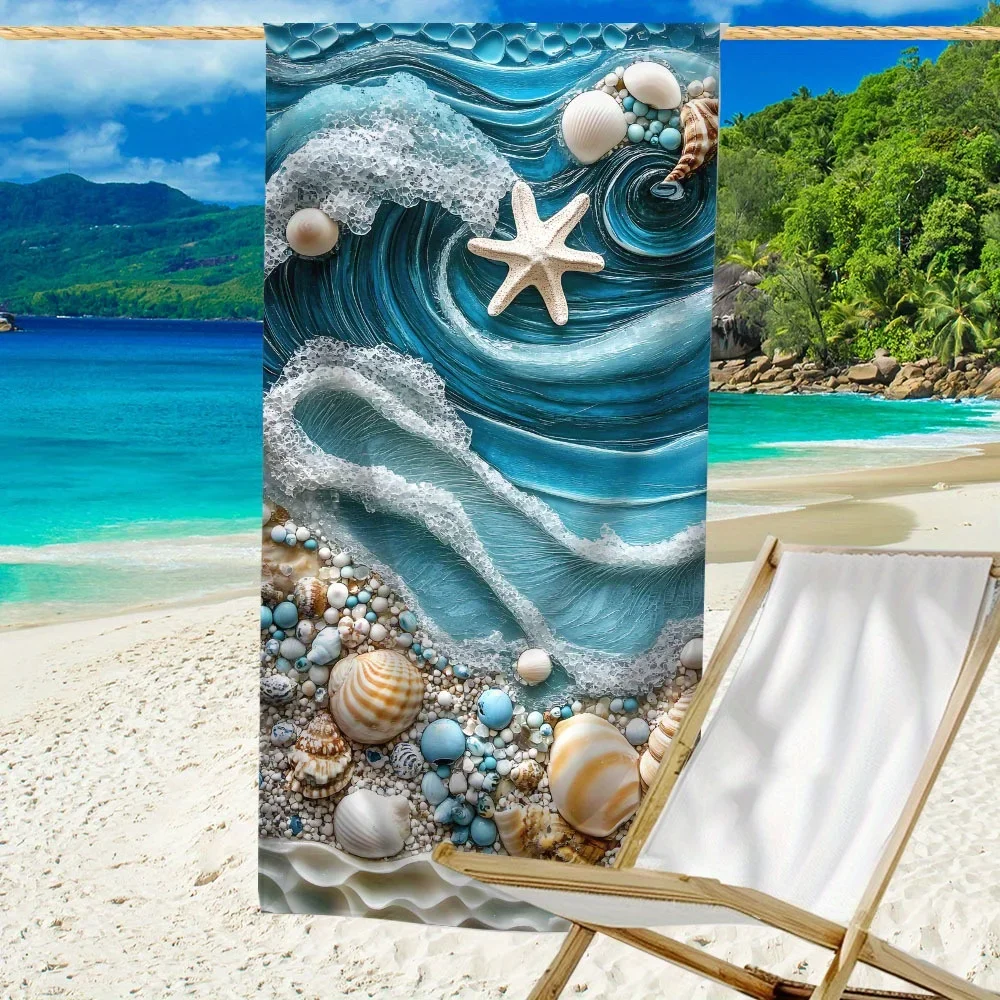 Ocean Waves Beach Towel - 3D Starfish & Seashell Print, Soft Microfiber Quick Dry Sand-Free for Travel Pool Summer