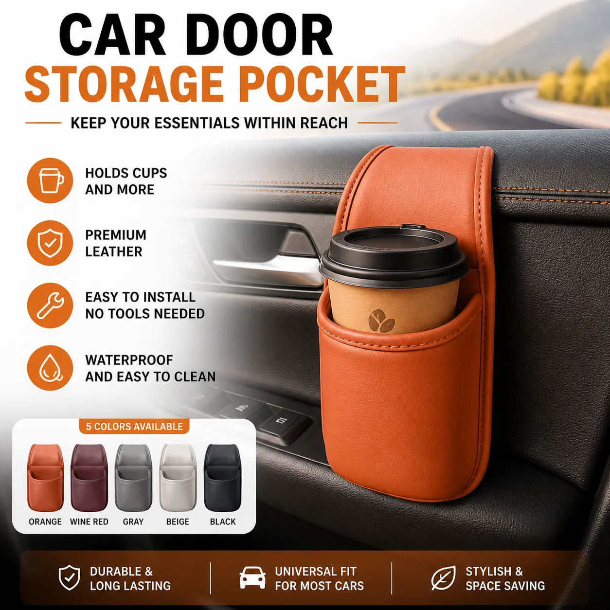 PU Leather Cup Holder Car Door Side Storage Bag Waterproof Easy Installation Universal  Space Saving Auto Interior Accessories
