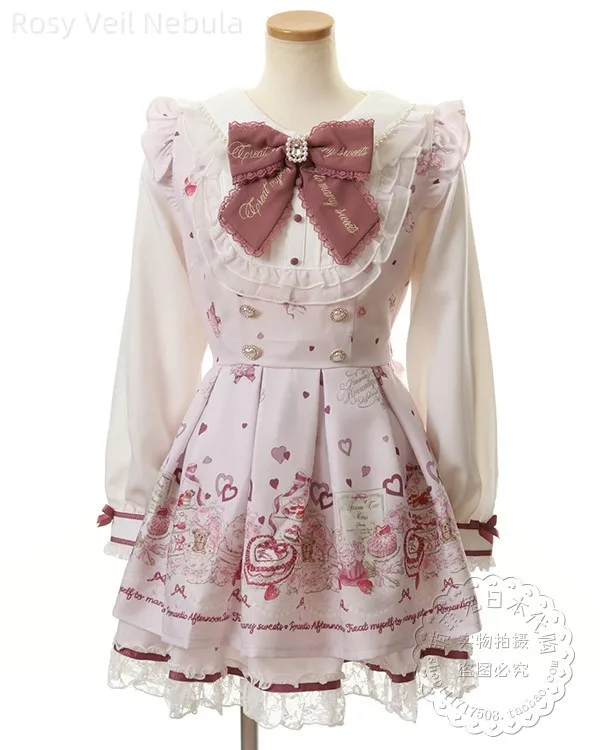 طقم فستان ليز 2025 ربيع جديد لطيف دمية طوق كم طويل مطبوعة الكشكشة مطوي فستان + تنورة قصيرة الزي نمط الشاي بعد الظهر #3