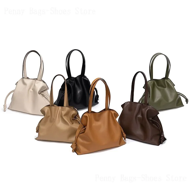 2024 Simple New Korean Fashion Cowhide Niche Genuine Leather Women\'s Bag Pleated Shoulder Bag Drawstring Tote Bag