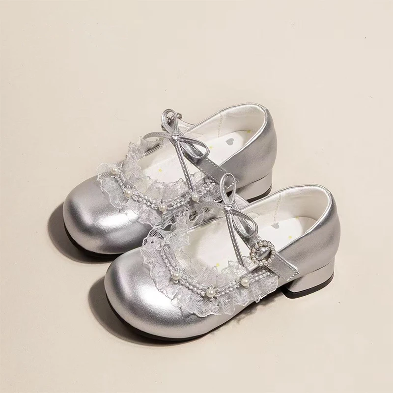 Girls Leather High Heels Princess Chic Lace with Pearls Beading Bow-knot Kids Mary Janes for Party Wedding Soft Leather Shoes
