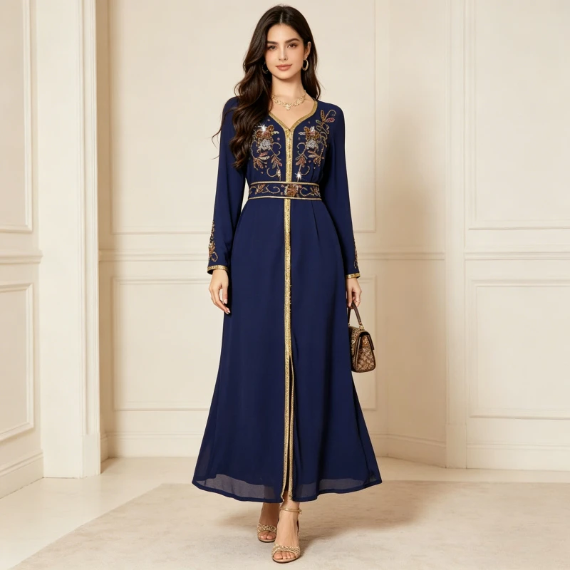 

Muslim Women Dress Abaya Beading Handmade Swen Diamond Lace-up Eid Party Vestidos Largos Caftan Jalabiya Ramadan Arab Long Robe