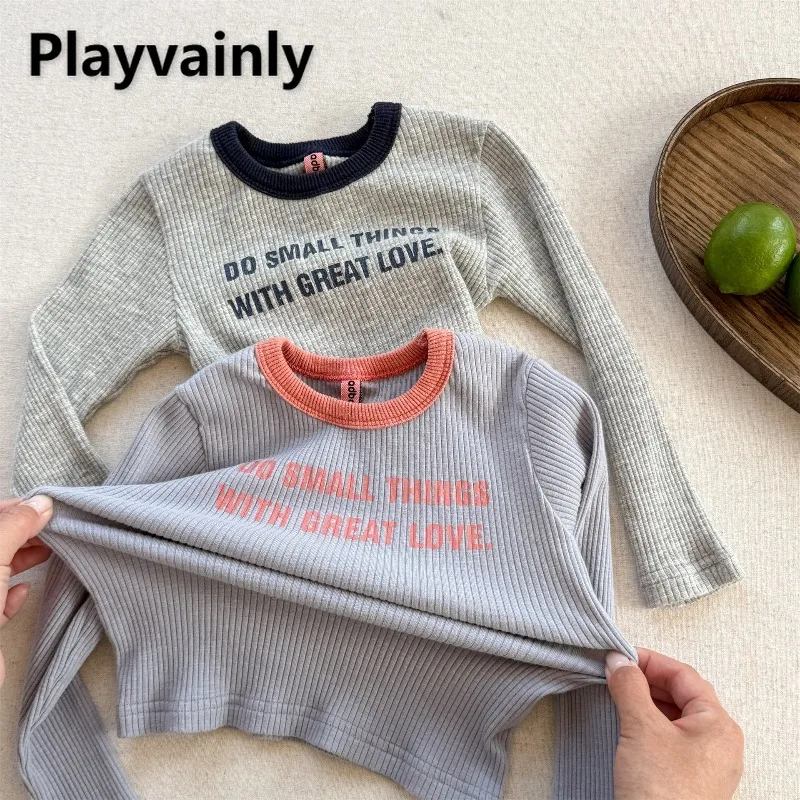 

Korean Style Girls Base Shirt Spring Autumn Letter Print O-neck Long Sleeve T-shirt Pit Stripe Elasticity Tops Kid Clothes A6561
