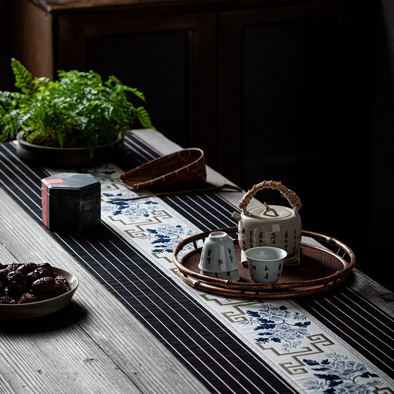 Tea Mat Embroidery Bamboo Mat Classical Vintage Tea Table Runner Tea Cup Pad Tablecloth Ancient Rhyme Chinese Style Flower