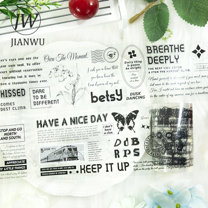 JIANWU 60mm*200cm Vintage English Text Flower Butterfly Landscape Material Collage PET Tape Creative DIY Journal Stationery