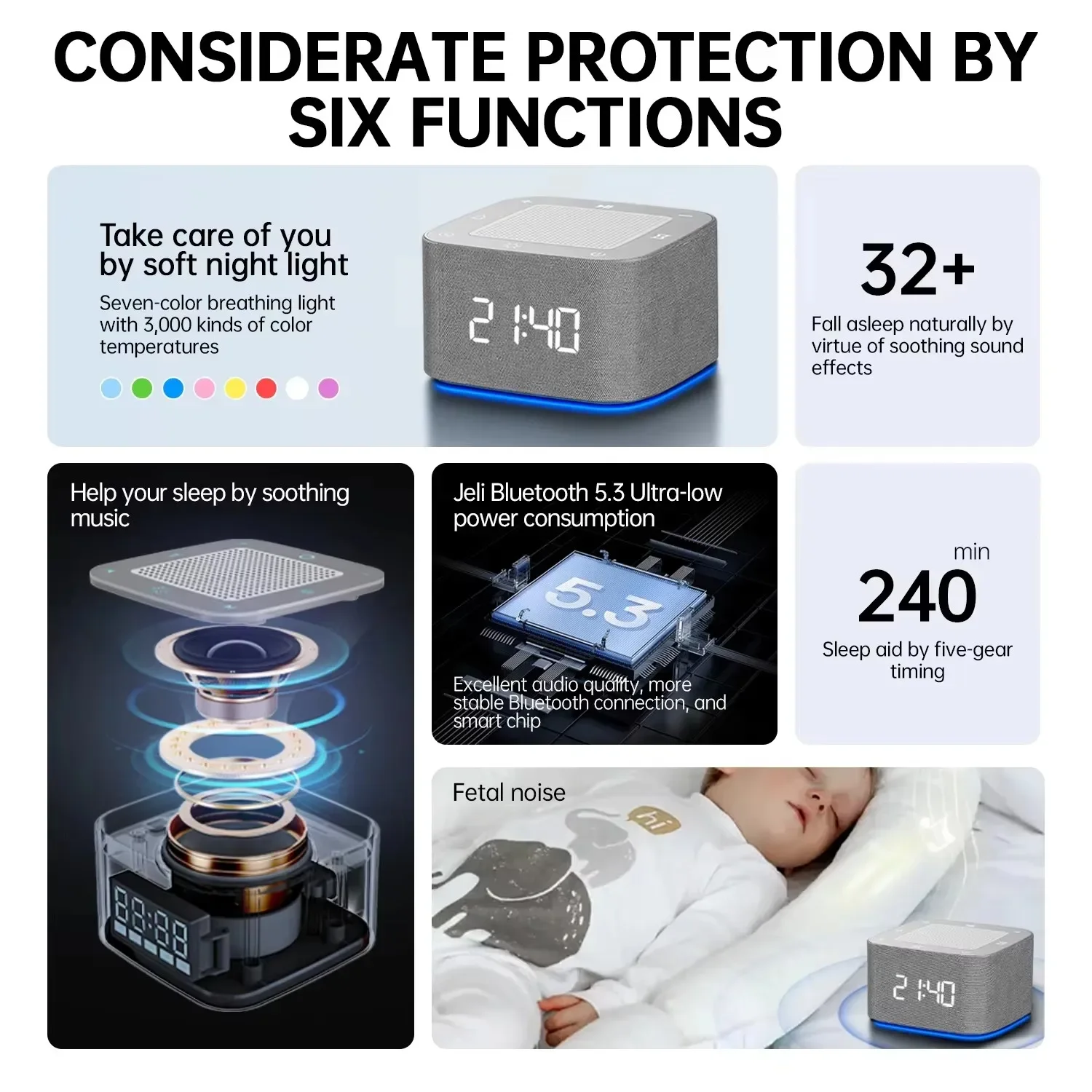 Pequenos alto-falantes Bluetooth sem fio inteligentes integrados 32 tipos de ruído branco para dormir luz noturna LED com tempo de desligamento