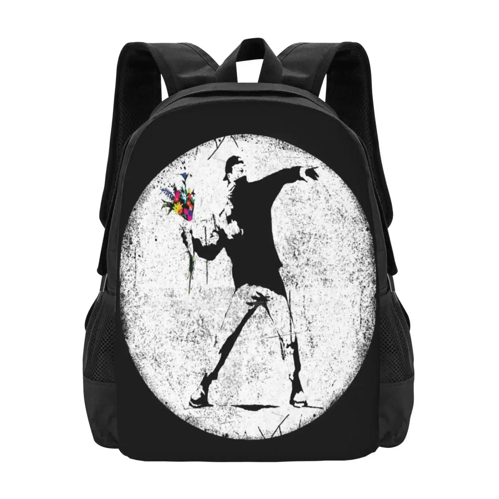 بانكسي بروتيستر رمي الزهور رائجة البيع حقيبة مدرسية على ظهره حقائب الموضة شارع الفن الكتابة على الجدران بانكسي رمي الزهور مضحك