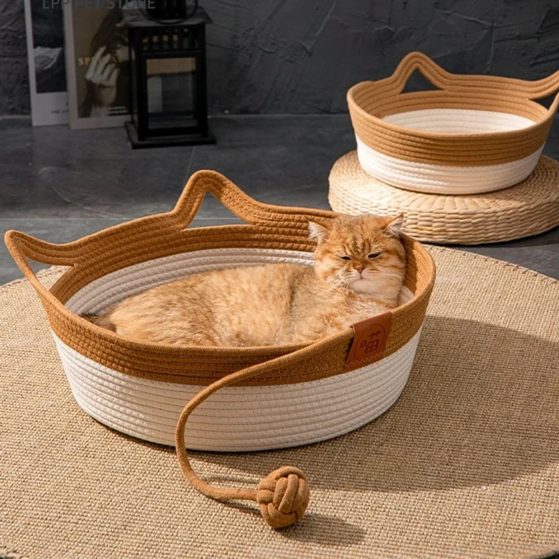 Pet Cat Mat Dog Bed Sofa Handmade Weaving Four Season Cozy Nest Baskets Waterproof Removable Cushion Sleeping House