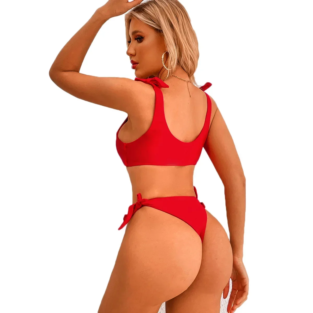 Rosso Bikini Delle Donne 2024 A Vita Alta Lace Up Sexy 2 Pezzi Costume da Bagno Push Up Stretto Costume da Bagno Della Bretella Beachwear Tankini XY-2058