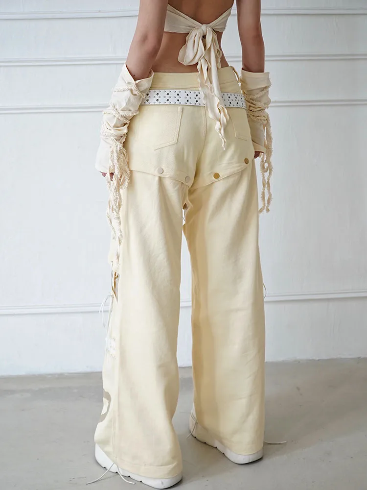 Temperament Light Beige Hollow Lace-up Removable Versatile Jeans Summer Personalized Girl Loose Leisure Street Straight Trousers