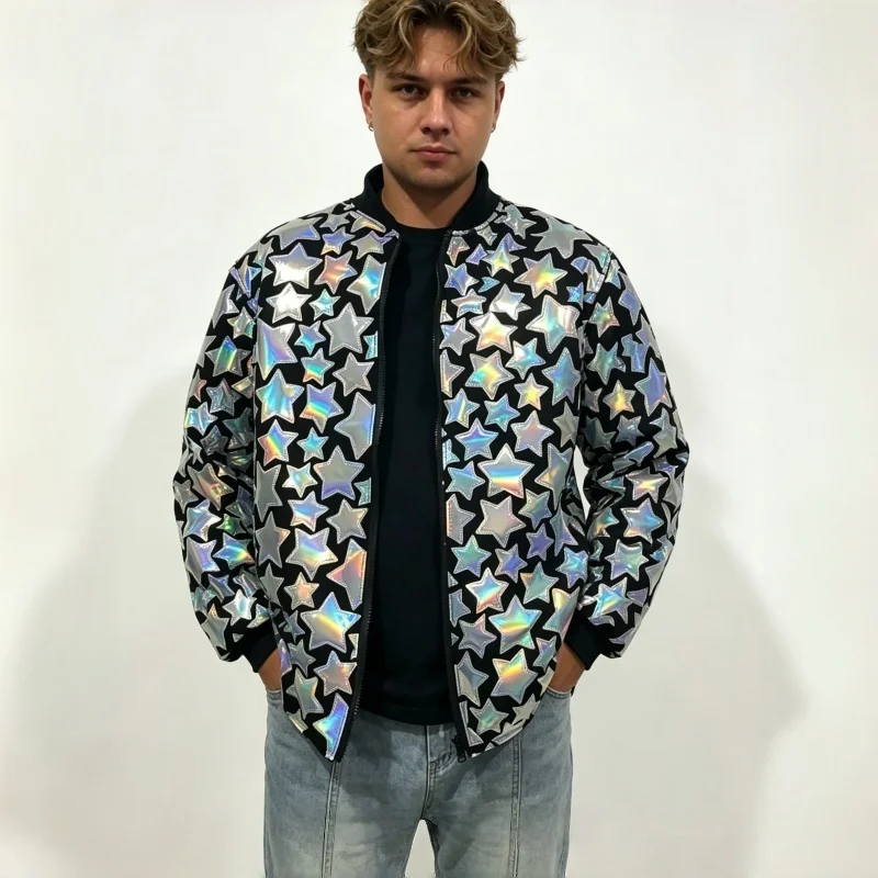 Men's Silver Mirror Sequins Casual Jacket Elastic Bling Coat for Nightclub Bar Stage Performance Fashion Carnival Club Costumes