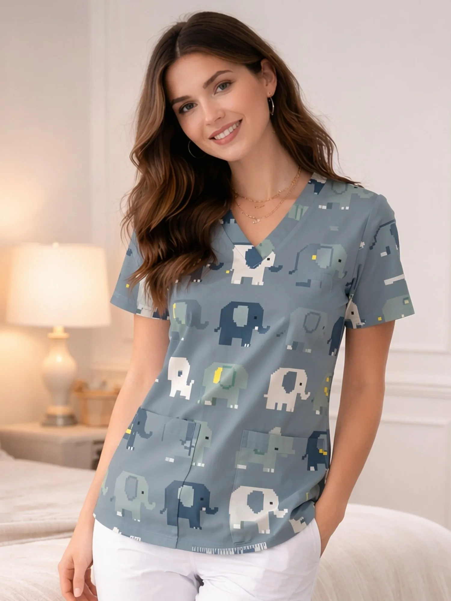Everyday Casual Style Ladies Easy V Neck Scrub Top Complete With Front Pockets Floral Pattern Relaxed Fit For Medical Staff Duty