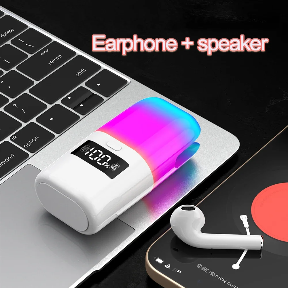 

New 2in1 TWS Earphone Bluetooth Speaker with Color Atmosphere LED Light Battery Level Display Screen Music Player