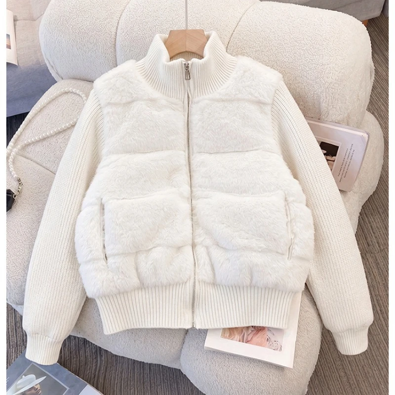 2026 New Women Winter Knitted Splicing Imitation Mink Cotton Padded Jacket Warm Small Fragrance Jacket Female Parkas Outerwear