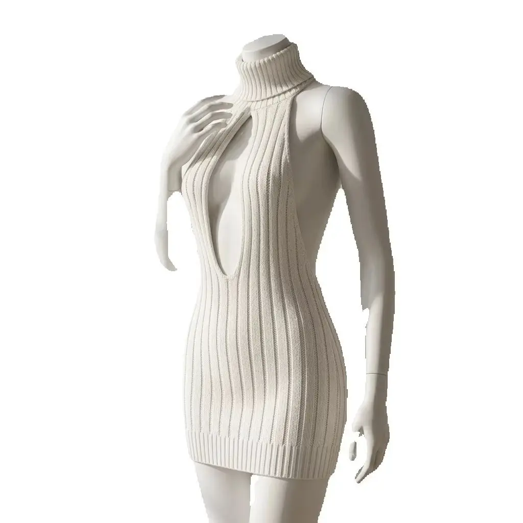 Hollow Knitted Sweater Temptation Passion Dress Women Lace Up Backless Solid Short Mature Chest Wrapping Turtleneck