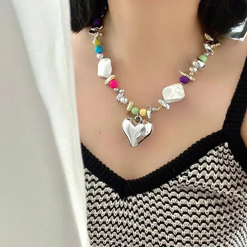 Draweye Colorful Beads Heart Necklace for Women Y2k Korean Fashion Vintage Sweet Jewelry Hiphop Irregular Collares Para Mujer