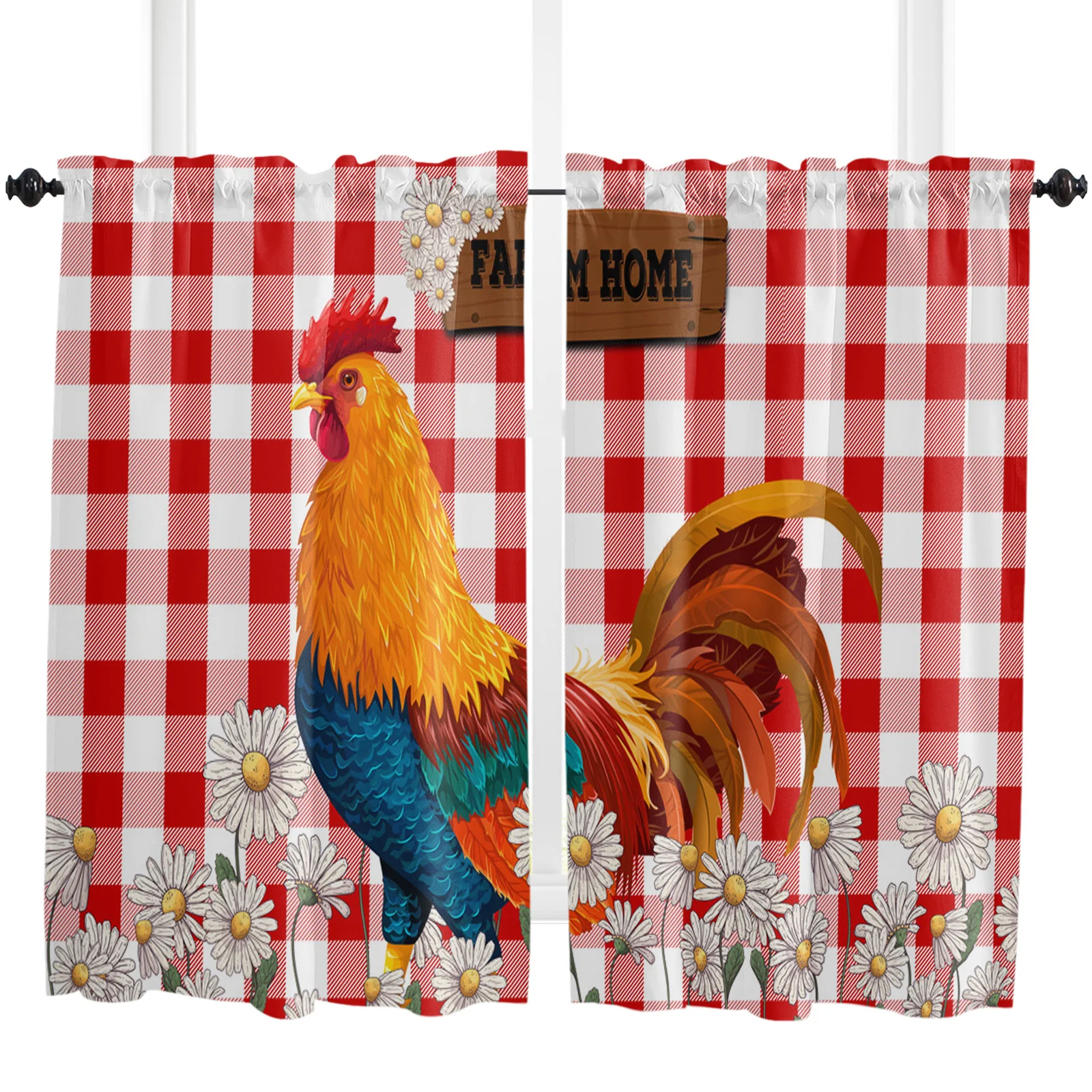 Red Plaid Daisy Rooster Farm Curtains Home Decor Living Room Kitchen Balcony Room Window Curtain Bedroom Patio Decoration