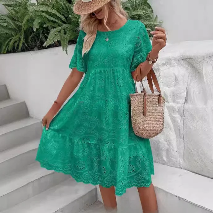 Vestido de Mujer 2024, Moda del Sudeste Asiático, Color Puro, Encaje Bordado, Calado, Casual, Cintura Media, Manga Acampanada...