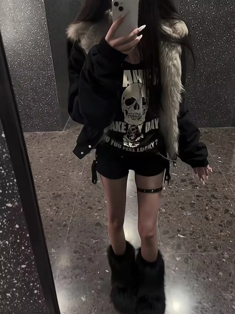 الأمريكية خمر أبلى سستة فو الفراء كم طويل لون نقي موضة جيب ثقافة فرعية لصق مقنعين Woamn 2025 الخريف