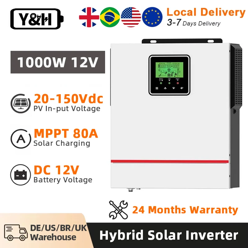 Y&H 1000W Hybrid Solar inverter 12V 220V Off-grid Pure Sine Wave inverter MPPT 80A Solar Charge Controller Max PV 150V DC