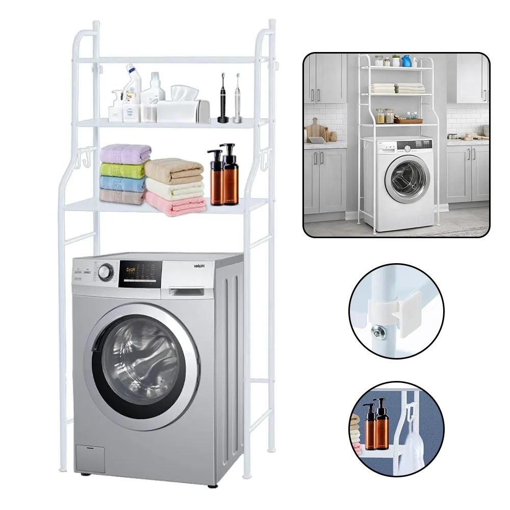 Scaffale sopra la lavatrice, unità di stoccaggio sopra il WC, scaffali a 3 livelli, scaffale organizer per la lavanderia, salva spazio con ganci