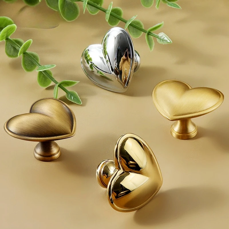 2pcs Solid Brass Heart Shaped Cabinet Knobs Gold Minimalist Single Hole Drawer Pulls Kids Wardrobe Handles Furniture Hardware