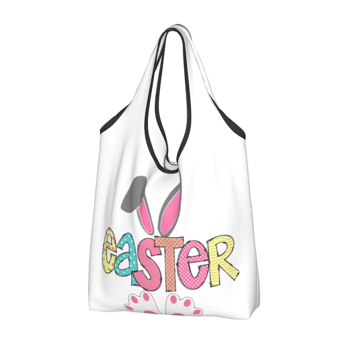 Large Reusable Happy Easter Rabbit Bunny Grocery Bags Recycle Foldable Shopping Eco-Friendly Bag Washable With Pouch