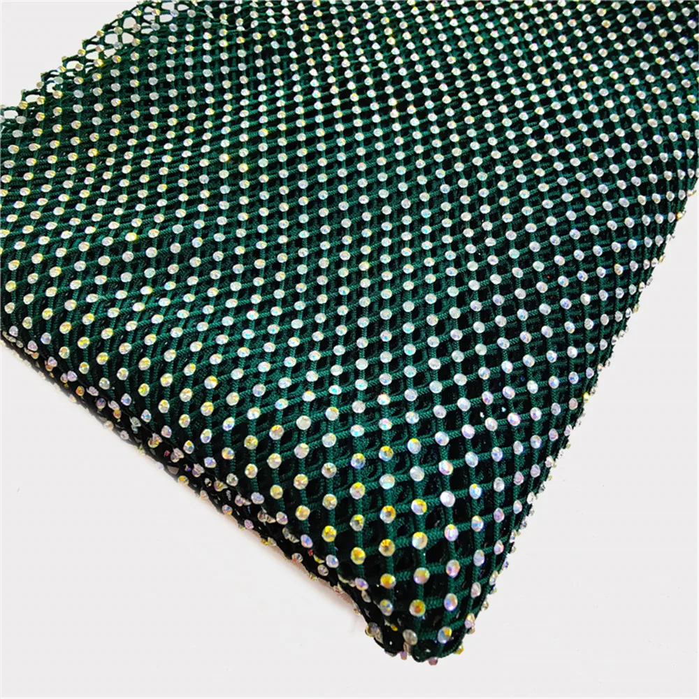 SS10 Green Glass Rhinestones Mesh Applique Fabric Sewing Elastic Crystal Trim Net For DIY Dress Garment