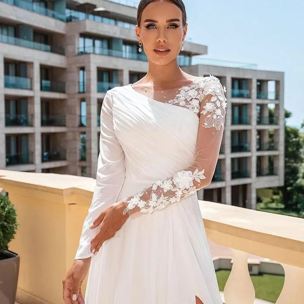 Msikoods Boho Bride Dresses Long Sleeves Side Split Wedding Dress Elegant Chiffon Pleat O-Neck Customized Women Bridal Gown