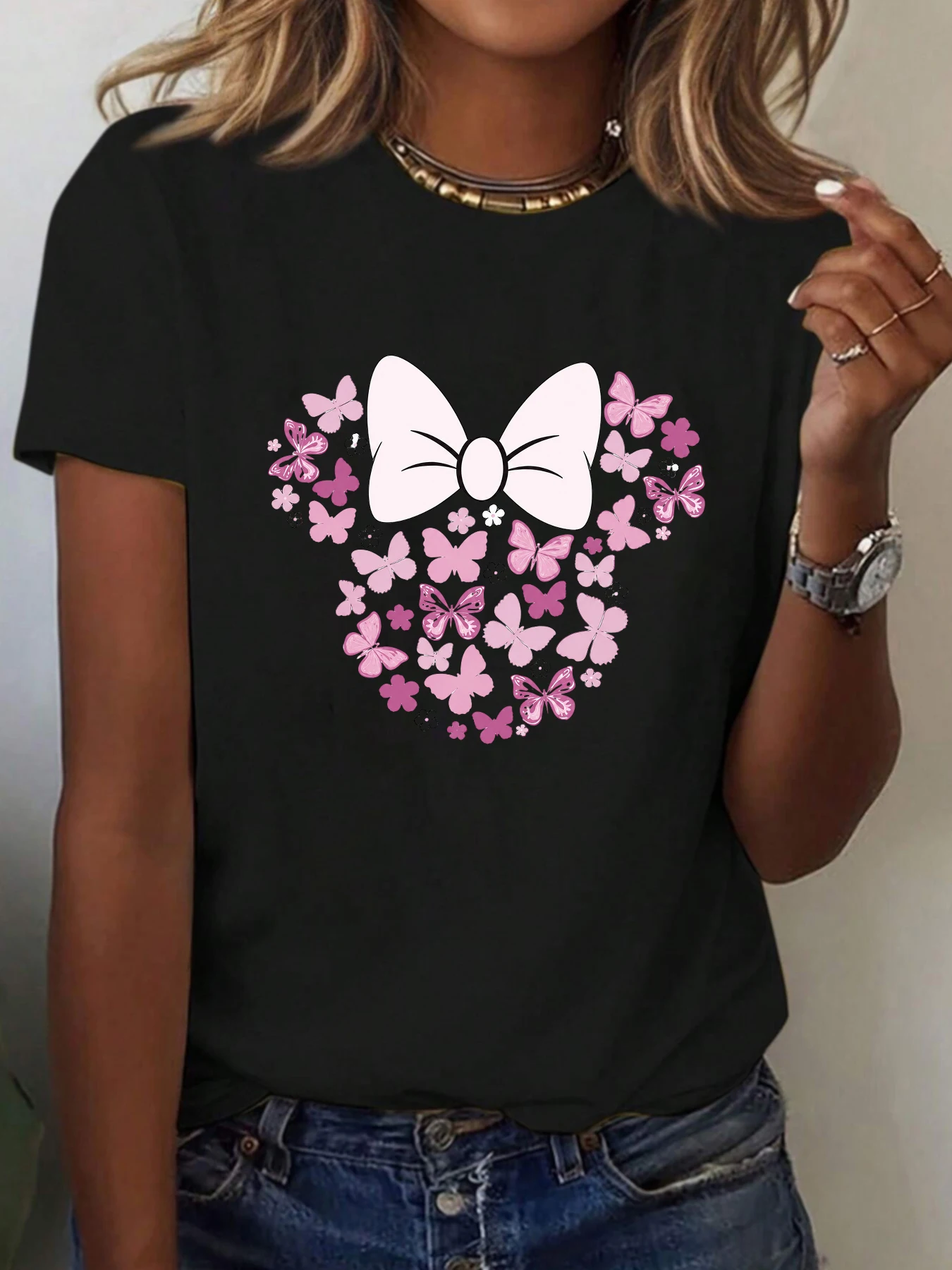 【WZM17686】Summer casual round neck plus size women's short sleeved T-shirt with bow print short sleeved street fashion top