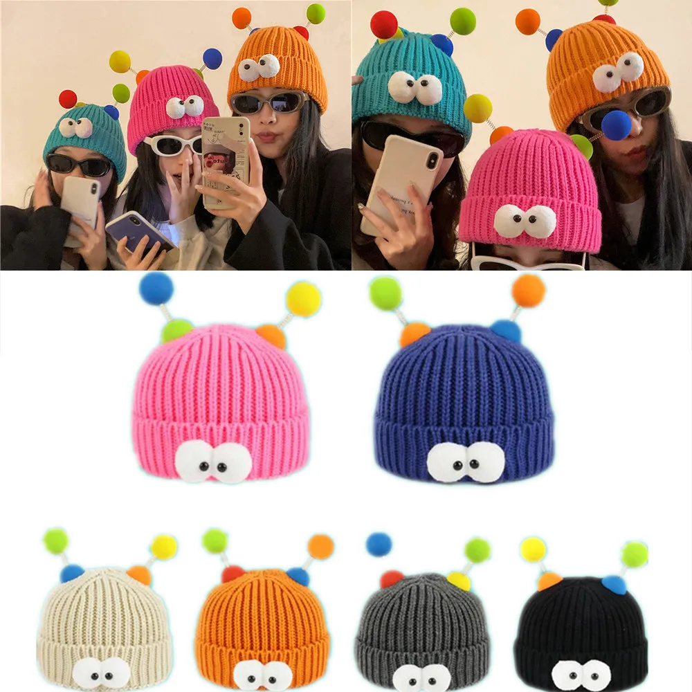 

High Quality Colorful Fur Pom Pom Knitted Hat Christmas Hat with Fur Balls Winter Woollen Hat Unisex Warm Skullies Beanies Gift