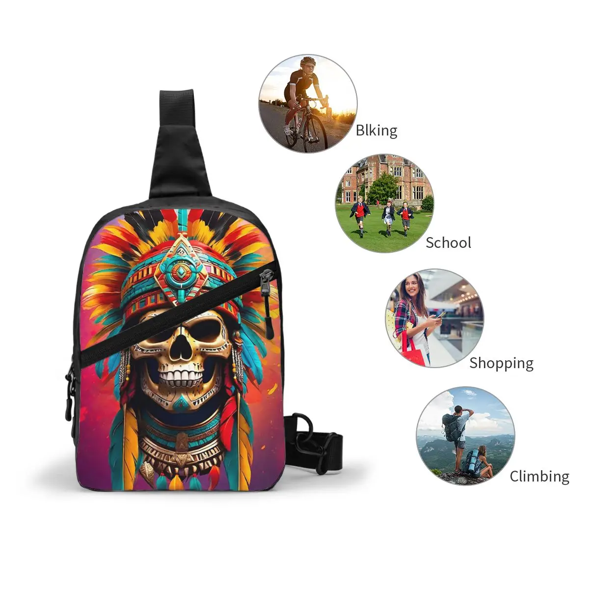 Bolso de pecho con calavera azteca para hombre, bandolera, bolso de pecho, mochila de viaje, senderismo, bolso de hombro